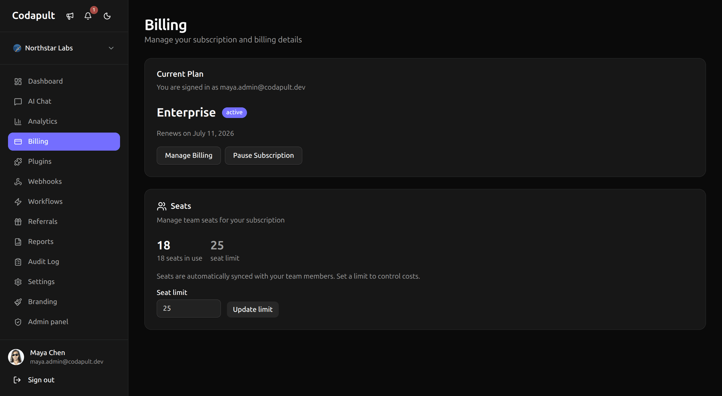 Dashboard billing page